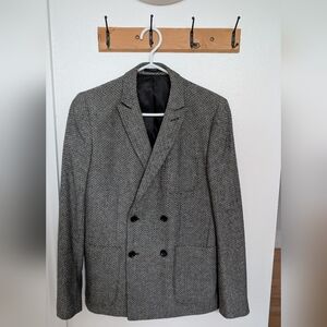 Ben Sherman Plectrum Blazer XS Gray Black Herringbone Double Breasted Peak Lapel